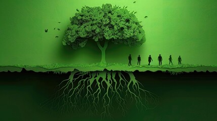 Paper-cut art of tree and human silhouettes on green textured background.