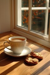 A warm cup of tea by a window with autumn leaves and two half-eaten cookies.