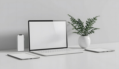 3D render of a laptop mockup with a blank screen on the table, accompanied by a phone and tablet. The setup is placed on a white background with a green plant.