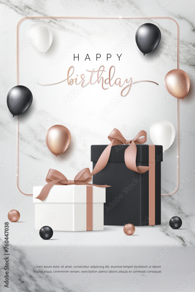 Happy birthday banner template. Birthday greeting card with 3D gift box ...