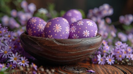  a wooden bowl filled with purple eggs sitting on top of a wooden table next to purple and white daisies.