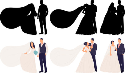 Wall Mural - bride and groom in wedding dress in flat style on white background, vector
