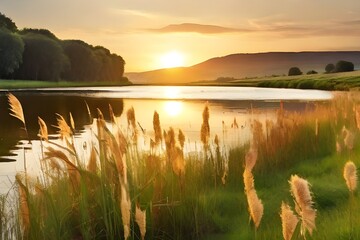 Wall Mural - Serene landscape of reed meadow by river at sunset picturesque scene capturing tranquil beauty of nature with golden sunlight reflecting on water perfect for backgrounds Generative AI