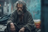 Fototapeta  - Weary homeless man seated on urban street.