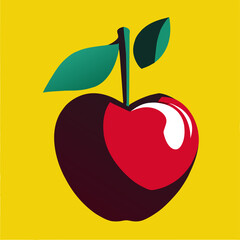 A single red apple with a green leaf on a yellow background.