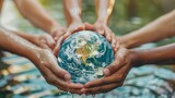Fototapeta Konie - Group of people holding hands around a globe submerged in water, highlighting global cooperation for water conservation, World Water Day concept