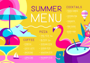 Wall Mural - Retro summer restaurant menu design with flamingo, ice cream and pina colada cocktail. Vector illustration