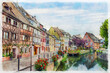 A picturesque street scene with promenade and medieval houses over a water canal in Colmar, Alsace, France. Watercolor painting.