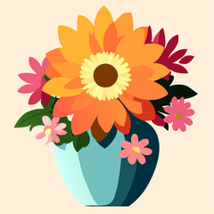 A beautiful bouquet of flowers in a blue vase with a pink and red flower on each side.