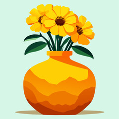 A bunch of yellow flowers in an orange vase on a light blue background.