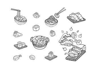 Wall Mural - black and white japanese food set flat style illustrations