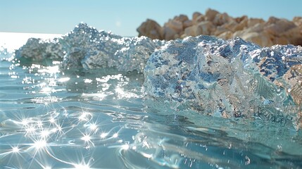 a group of rocks sitting on top of a body of water next to a rocky shore under a blue sky.