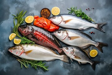 top view of vary kind of fish with copy space for text. food background for stock photography - generative ai