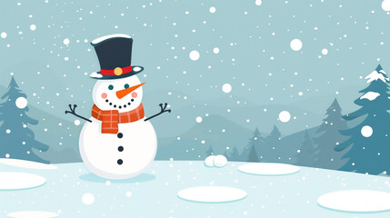 Wall Mural - A cheerful clipart snowman with a carrot nose and a top hat, standing in a snowy landscape.