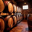 Wine barrels stored in winery warehouse as part of brewing process