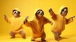 Funny group of sloths as a dance group, dancing, yellow background.
