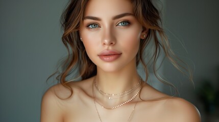 Sticker - beauty, people and jewelry concept - beautiful young woman wearing shiny diamond pendant
