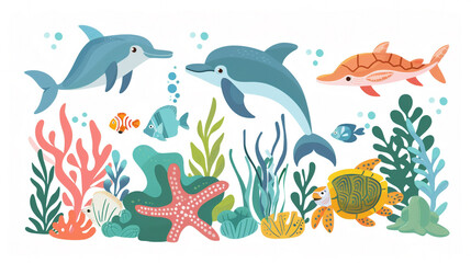 Wall Mural - A collection of clipart ocean creatures including dolphins, sea turtles, and colorful fish, swimming in a coral reef.