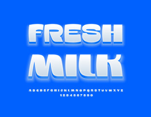 Wall Mural - Vector advertising Emblem Fresh Milk. Modern Glowing Font. Trendy White Alphabet Letters and Numbers.