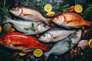 top view of vary kind of fish with copy space for text. food background for stock photography - generative ai