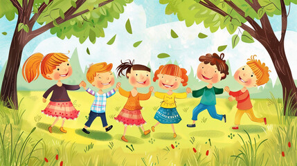 Wall Mural - A group of clipart children playing in a park, depicting joy and friendship.