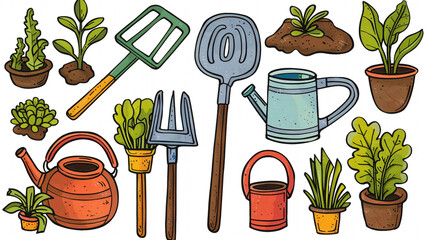 Wall Mural - A set of clipart gardening tools including shovels, rakes, and watering cans, ready for planting season.