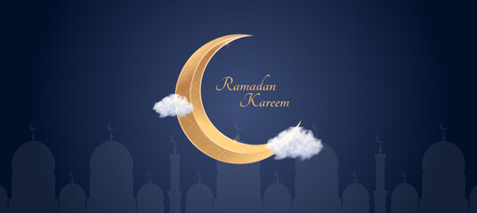 Wall Mural - ramadan kareem islamic greeting card background vector illustration. Golden moon and lamp. design template illustration with 3d realistic golden lantern