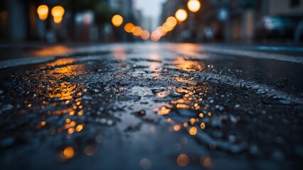 Wet asphalt with blur background of night city landscape. Generative AI image