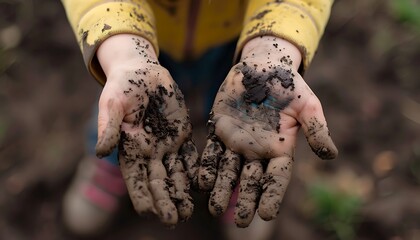 children's hands are dirty from planting trees