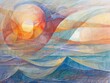 A painting depicting a vibrant sunset casting colorful hues over a calm body of water