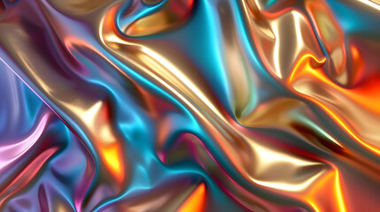 Wall Mural - 3d render, abstract background, iridescent holographic foil, metallic texture, ultraviolet wavy wall