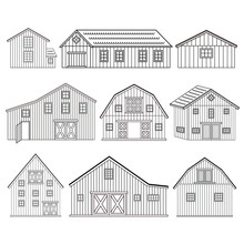 Big Set Of Black White Red Wooden Barns With Windows, Doors. Isolated Vector Houses Icons On The White Background For Coloring Book