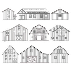 Wall Mural - Big set of black white red wooden barns with windows, doors. Isolated vector houses icons on the white background for coloring book