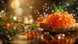 Red caviar gracefully placed on a cracker, complemented by aromatic herbs, against a background of sparkling diamonds
