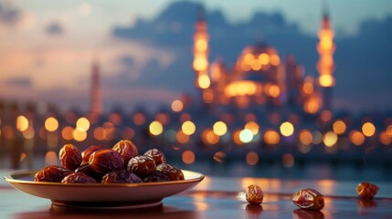 Wall Mural - Dates on a plate, set against the backdrop of an evening mosque, captures the essence of Ramadan iftar and the spirit of community