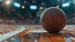 Basketball on the court, the bright colors of the ball and court markings stand out against a blurred background