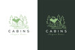 Premium wooden cabin and pine forest mountain line art logo design