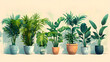 A row of houseplants in flowerpots are lined up in front of a wall, creating a natural landscape with terrestrial plants and grass