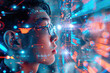 © Artem - Portrait of a person experiencing an immersive digital interaction. Hi-Tech futuristic background. Created with Generative AI technology.