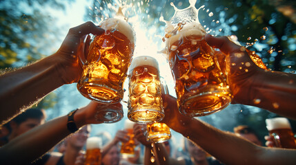 Hands clinking beer mugs, splashing beer against a blue sky at a biergarten.