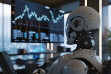 Artificial Intelligence Robot Analyzing Market Charts in Modern Office Setting