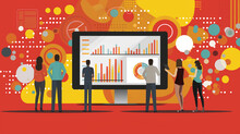 A Group Of People Analyzes A Large Display With Colorful Graphs And Charts, In A Vibrant, Abstract Setting.