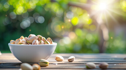 Poster - white bowl with pistachios on a wooden background