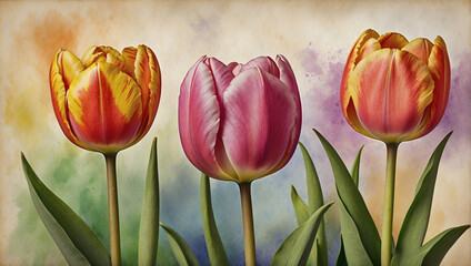 Wall Mural - Tulips with a watercolor background.