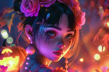 Wall Mural - Illustration of a cute kawaii girl with a pink flower in her hair and a Halloween costume