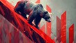 Bear climb down on red inclined plane in stock market, falling stocks, baisse, copy space, 16:9