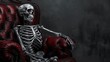 Skeleton sitting and waiting for business, concept: Retail crisis, copy space, 16:9