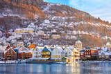 Fototapeta Nowy Jork - Historic district of Bryggen in Bergen in winter, Norway