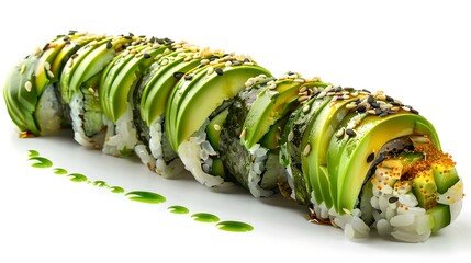 Wall Mural - Delicious avocado sushi roll on white background. perfect for menu visuals. fresh, healthy eating concept captured in bright studio lighting. artistic food presentation. AI