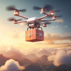 Canvas Print - A futuristic drone delivering a package in the sky 